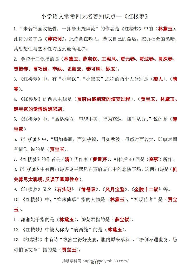 四大名著知识点汇总之《红楼梦》-扬明学科网