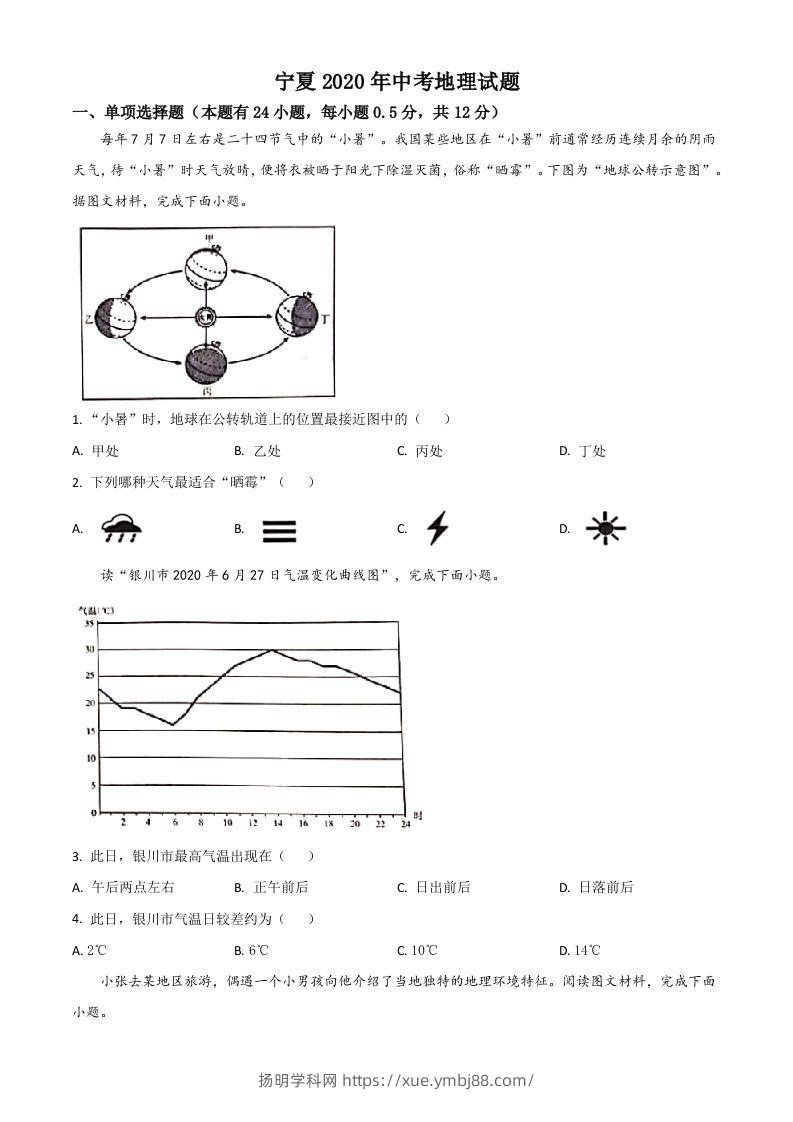 宁夏2020年中考地理试题（空白卷）-扬明学科网