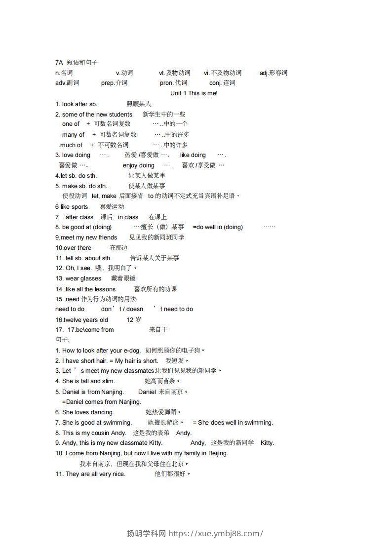 新牛津英语译林版七年级上册各单元全部重点短语和句子-扬明学科网