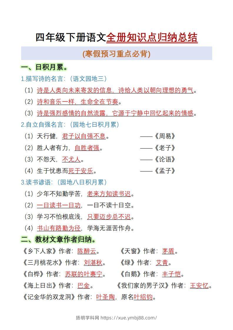 四下语文全册知识点归纳总结15页-扬明学科网
