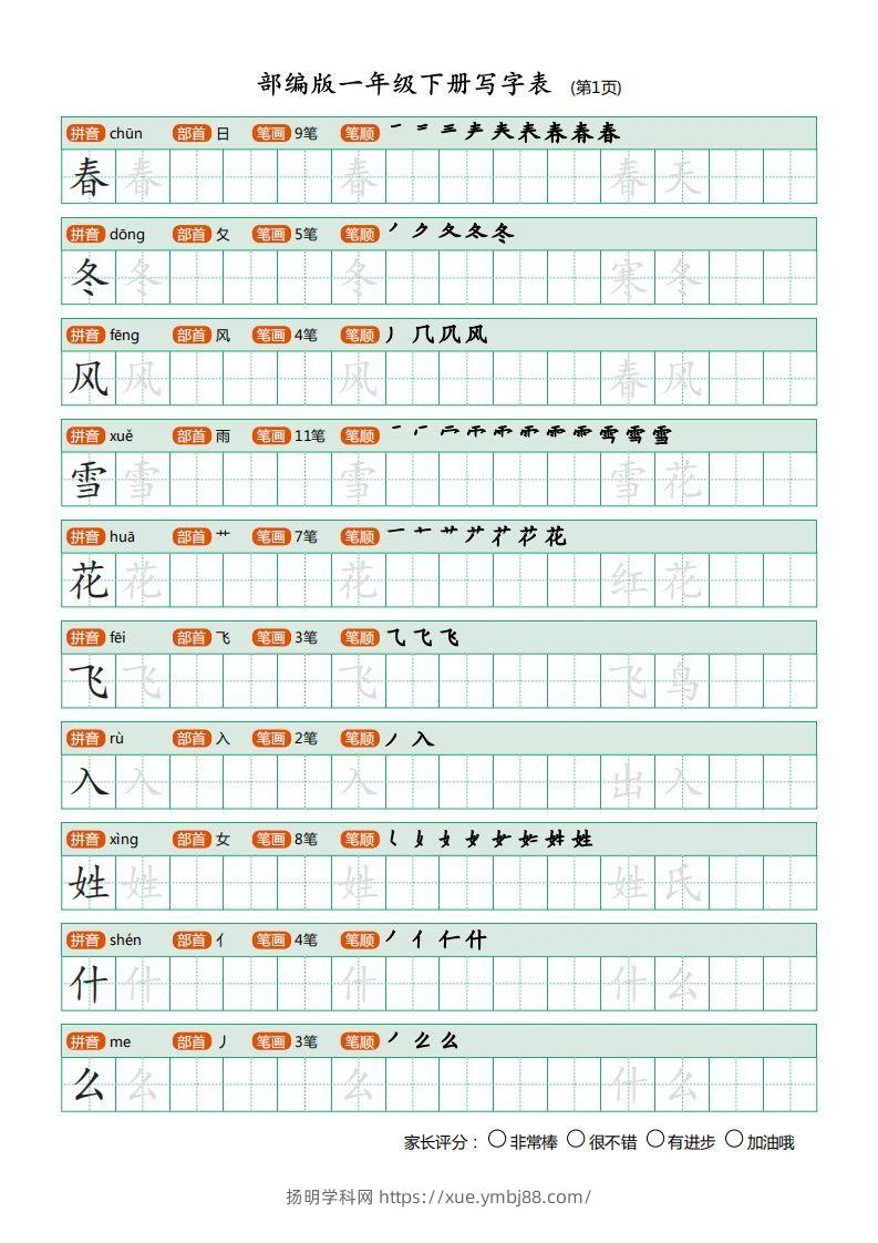 一年级语文下册写字表(笔顺)（20页）PDF（部编版）-扬明学科网