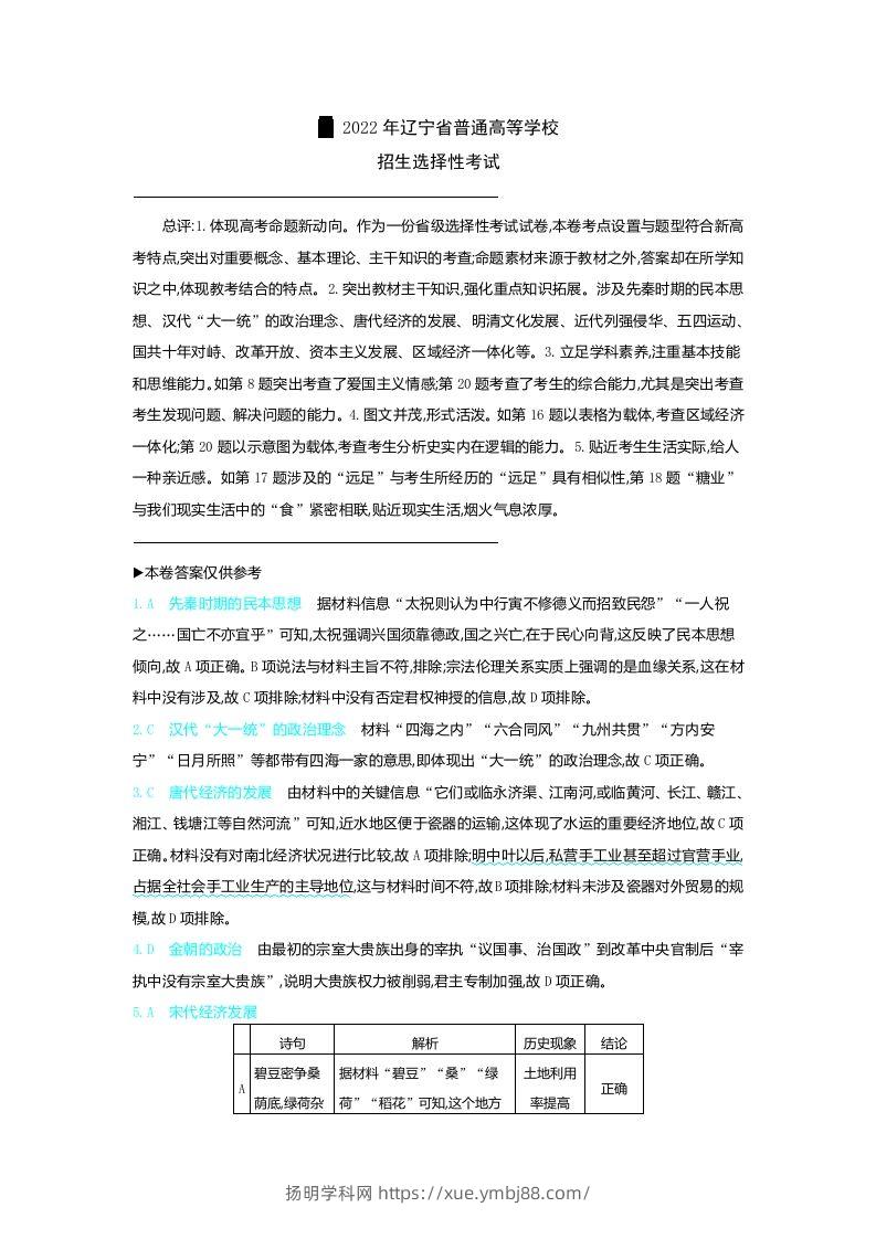 2022年高考历史试卷（辽宁）（含答案）-扬明学科网
