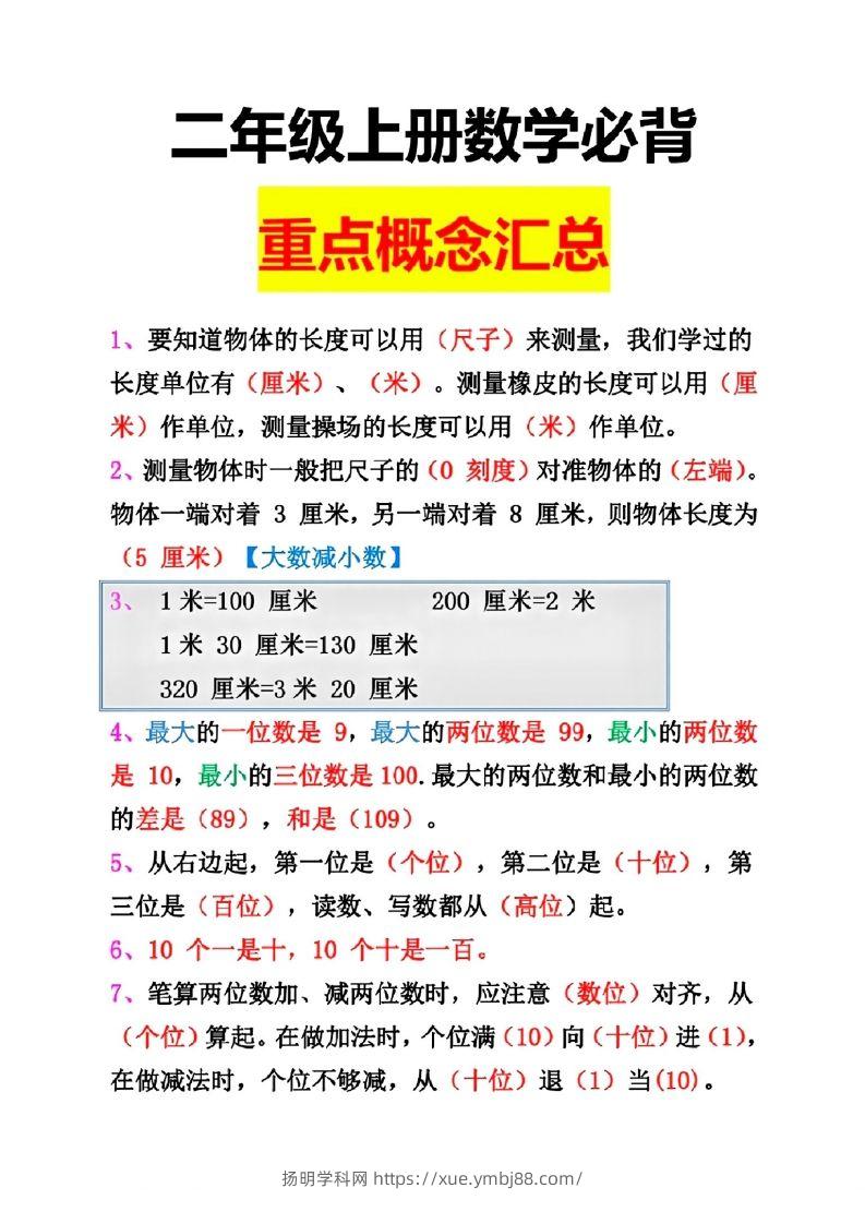 二年级数学上册重点概念汇总-扬明学科网