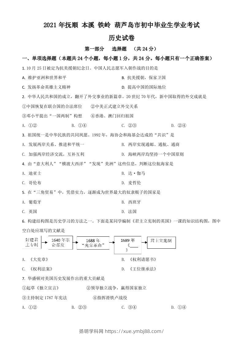 辽宁省抚顺本溪铁岭葫芦岛市2021年中考历史试题（空白卷）-扬明学科网