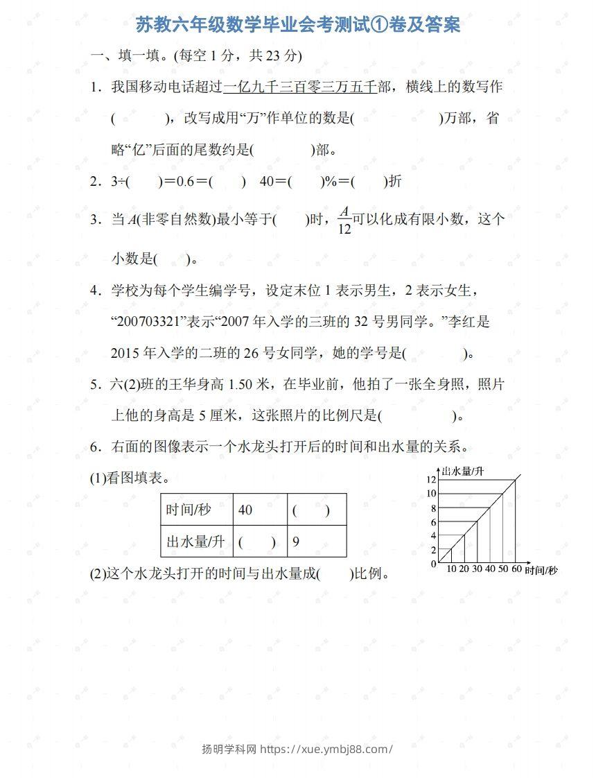 苏教六年级数学下册期末测试①卷及答案-扬明学科网