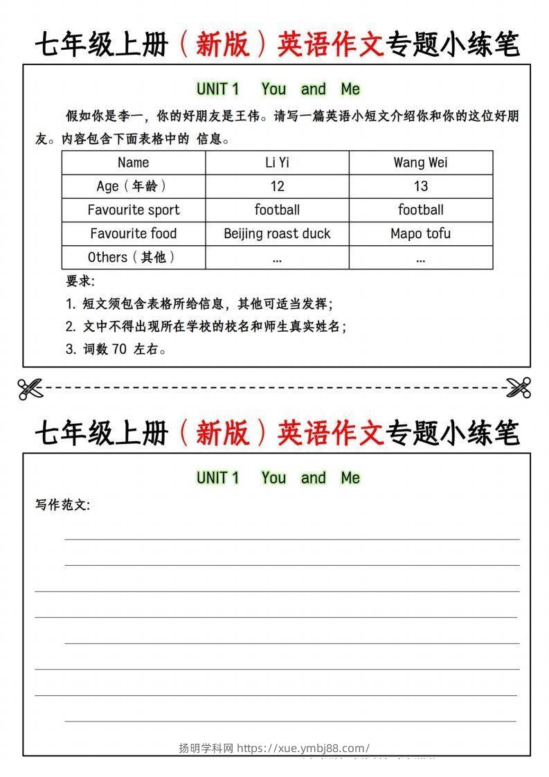 七年级上册（新版）英语作文专题小练笔挖空版-扬明学科网