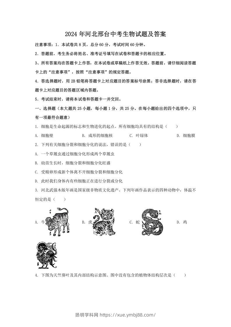 2024年河北邢台中考生物试题及答案(Word版)-扬明学科网