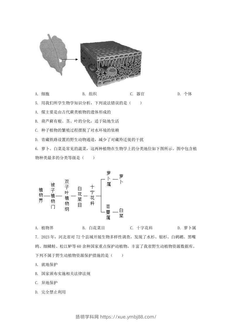 图片[2]-2024年河北邢台中考生物试题及答案(Word版)-扬明学科网