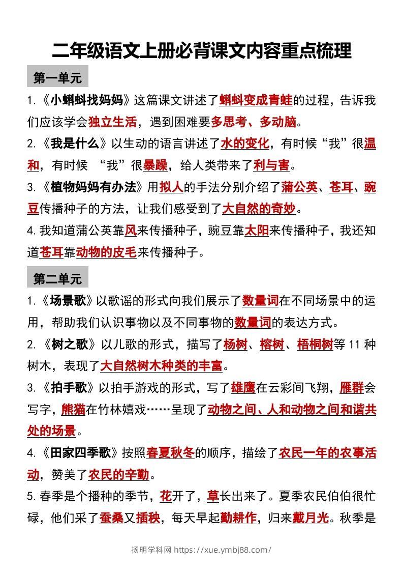 二年级语文上册必背课文内容重点梳理-扬明学科网