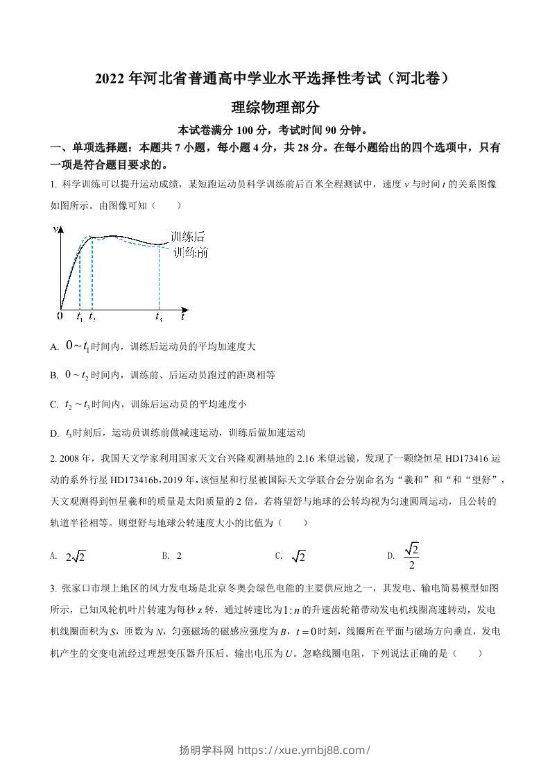 2022年高考物理试卷（河北）（空白卷）-扬明学科网