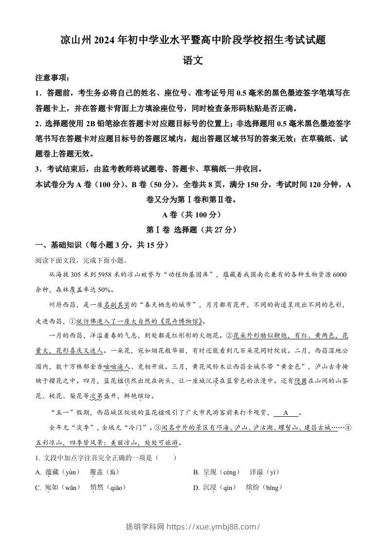 2024年四川省凉山州中考语文真题（含答案）-扬明学科网