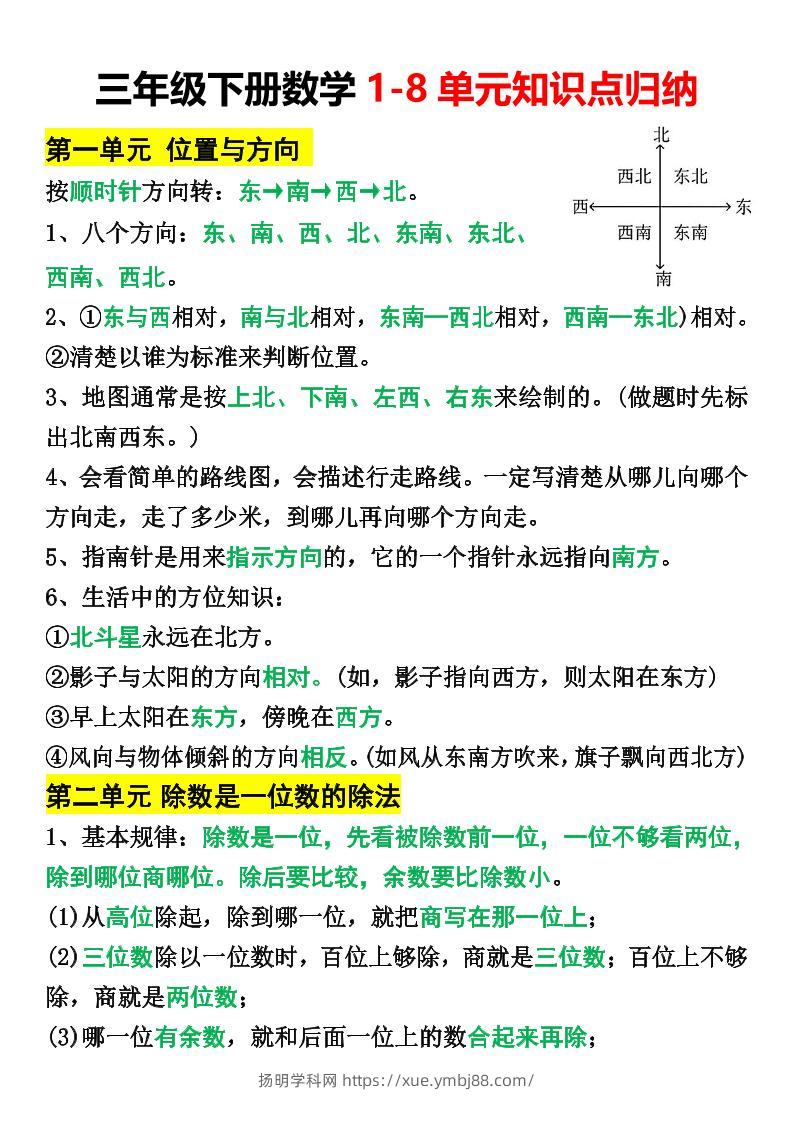三年级下册数学1-8单元知识点归纳(改)-扬明学科网