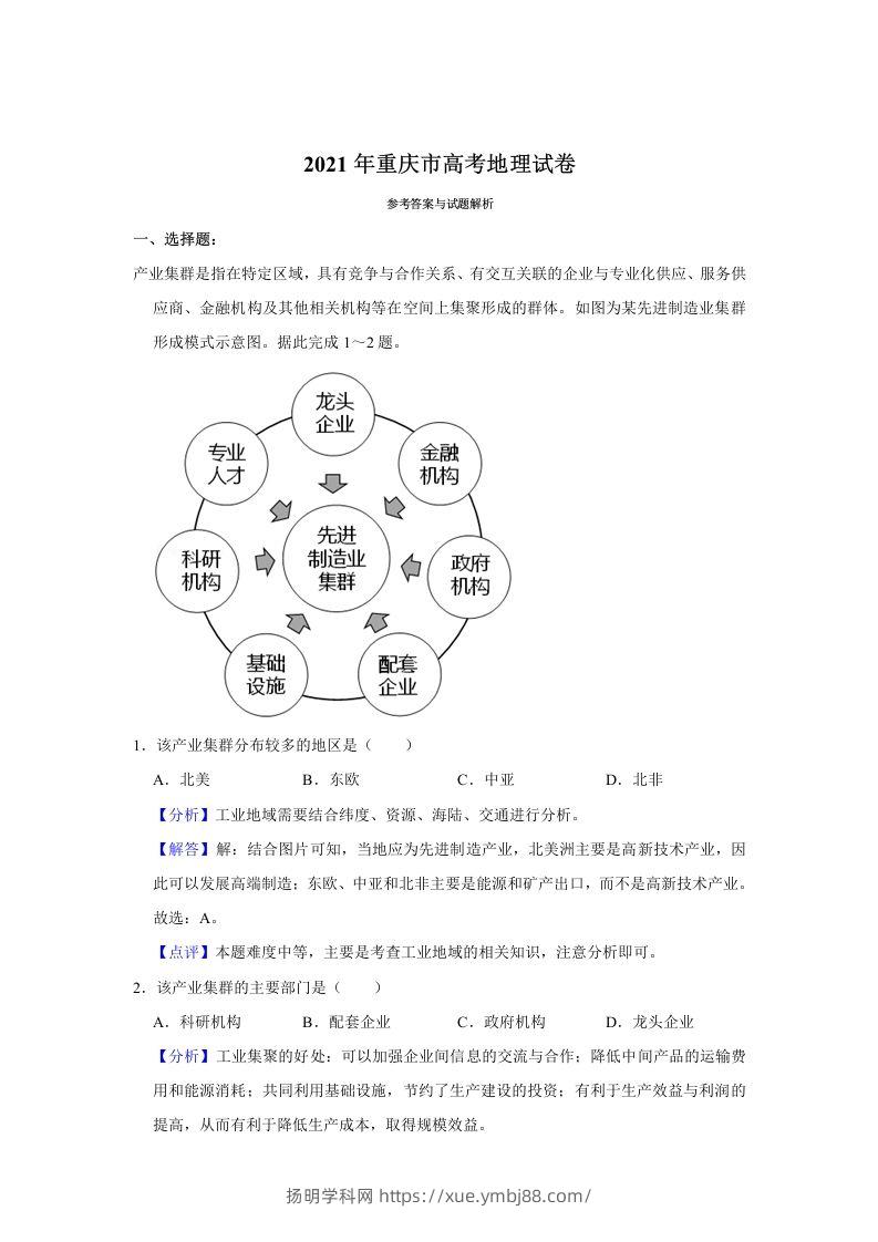 2021年高考地理试卷（重庆）（含答案）-扬明学科网
