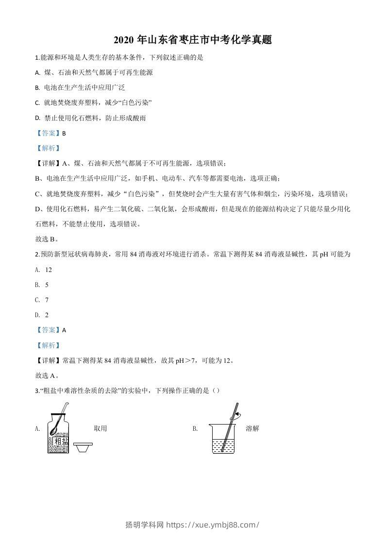 山东省枣庄市2020年中考化学试题（含答案）-扬明学科网