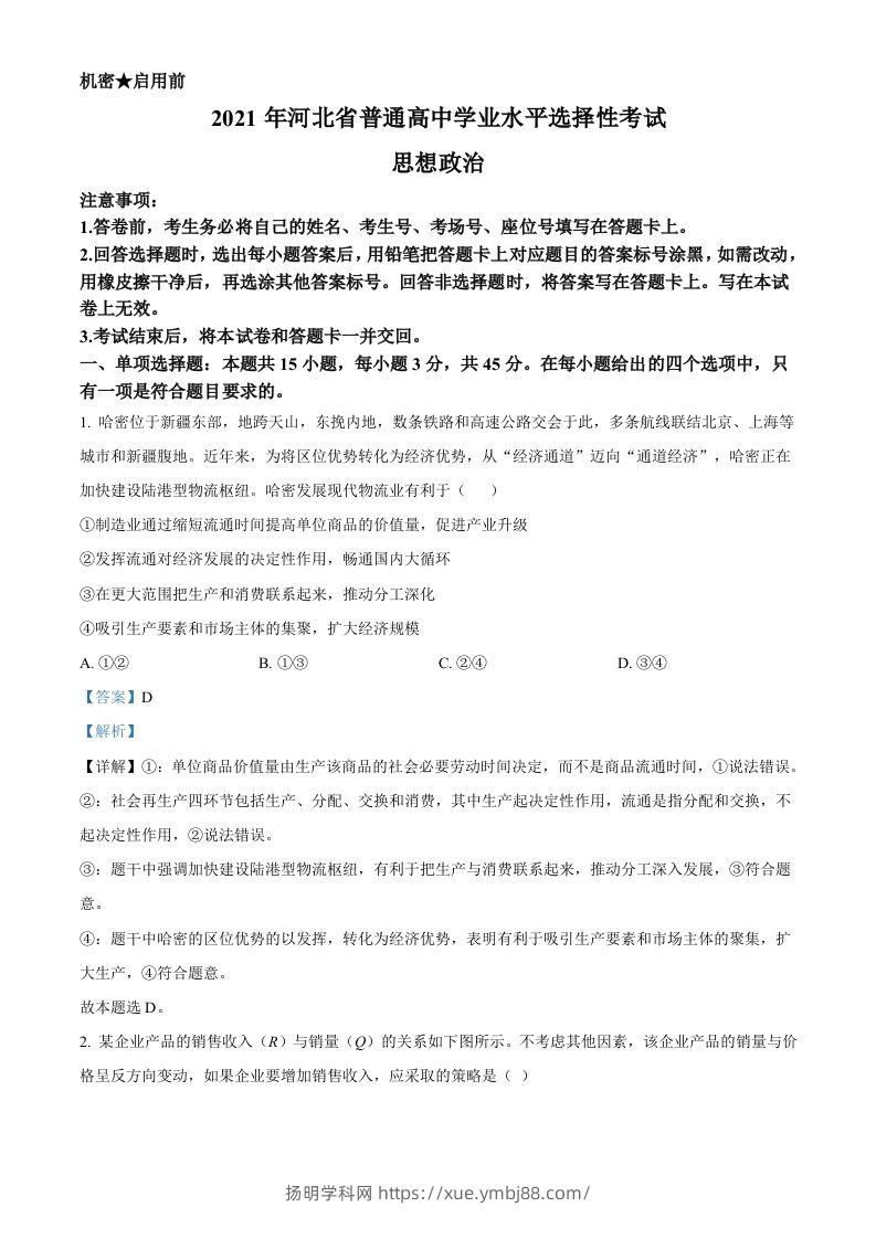 2021年高考政治试卷（河北）（含答案）-扬明学科网
