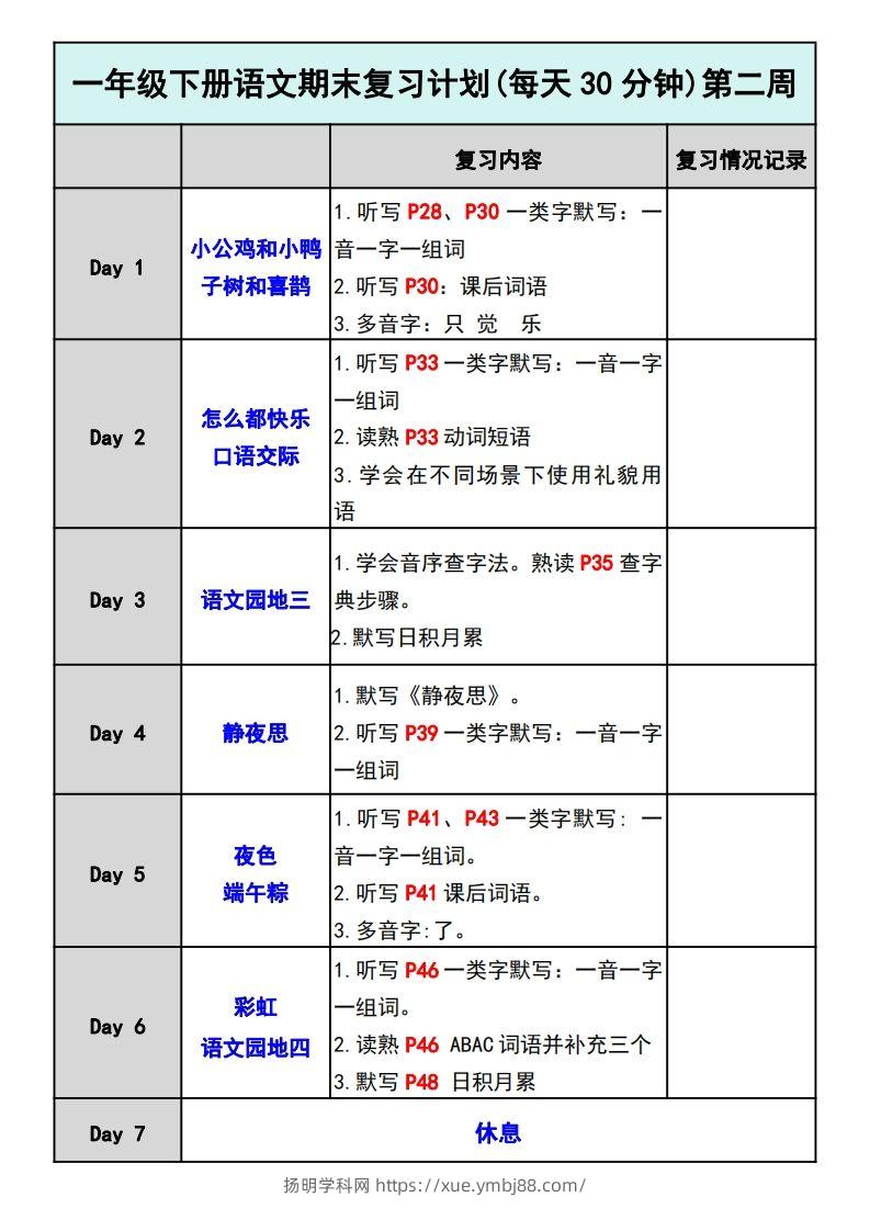 图片[2]-—年级下册语文期末复习计划-扬明学科网