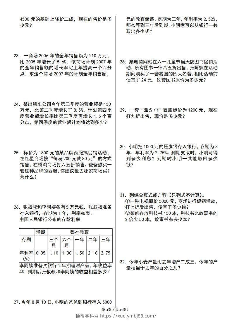 图片[3]-六年级数学上册百分数应用题60题-扬明学科网