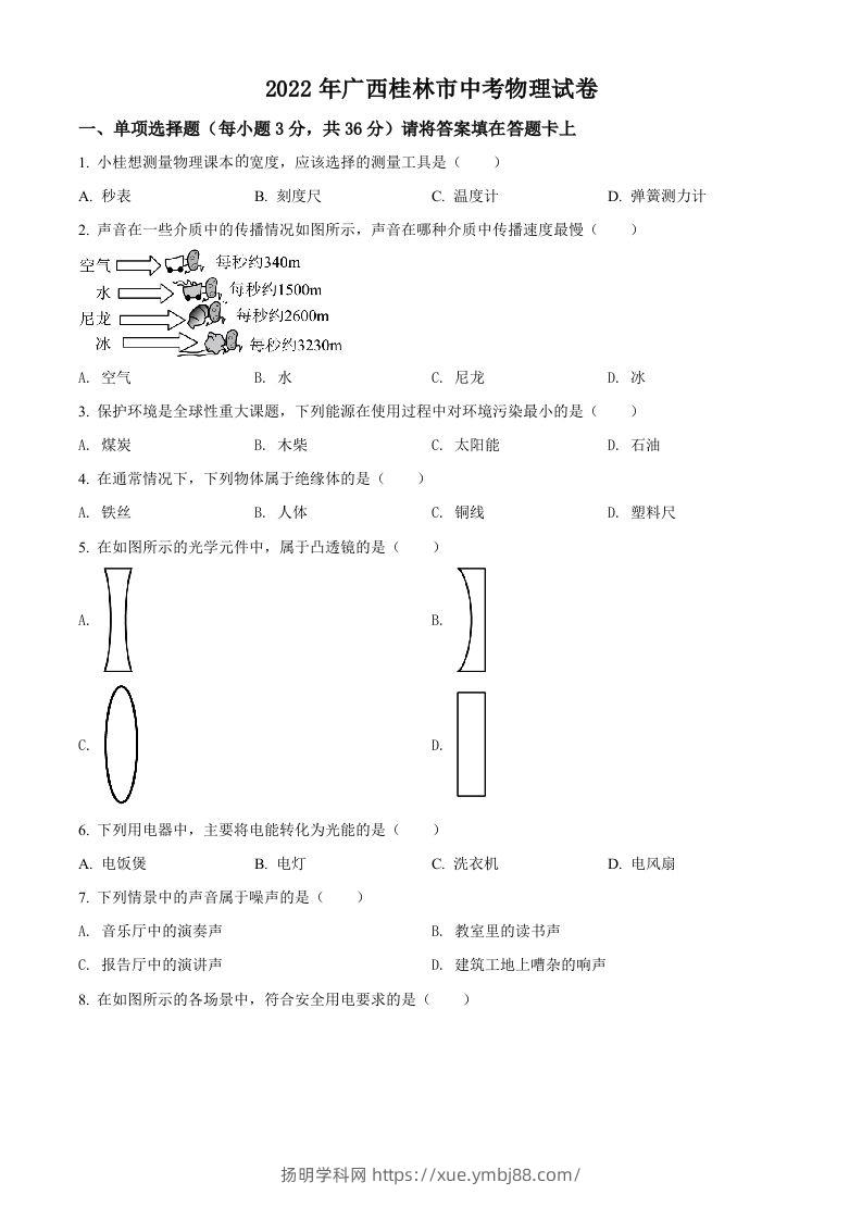 2022年广西桂林市中考物理试题（空白卷）-扬明学科网