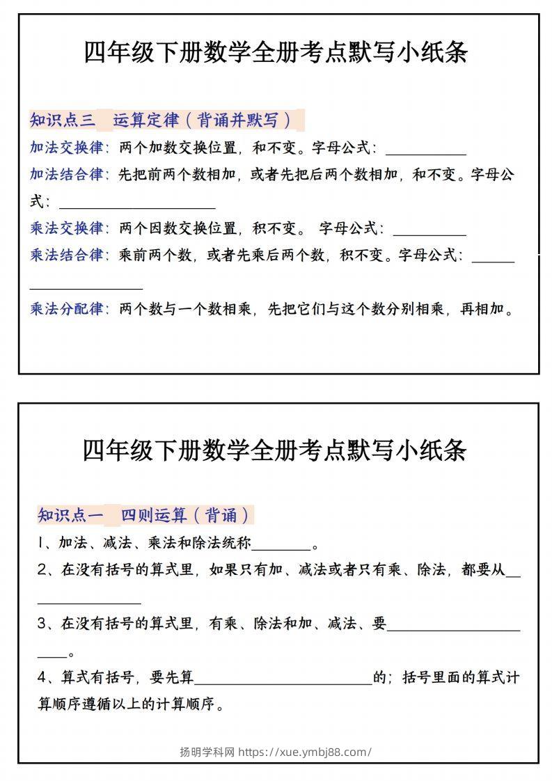 图片[2]-四下数学必背知识点默写小纸条22页-扬明学科网