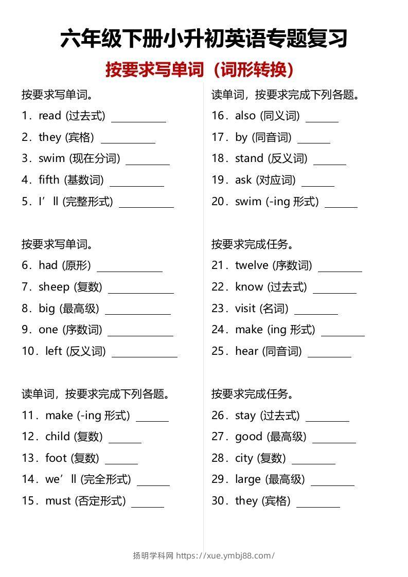 小升初（六年级）英语专题复习：单词拼写（词形转换）（含答案）-扬明学科网