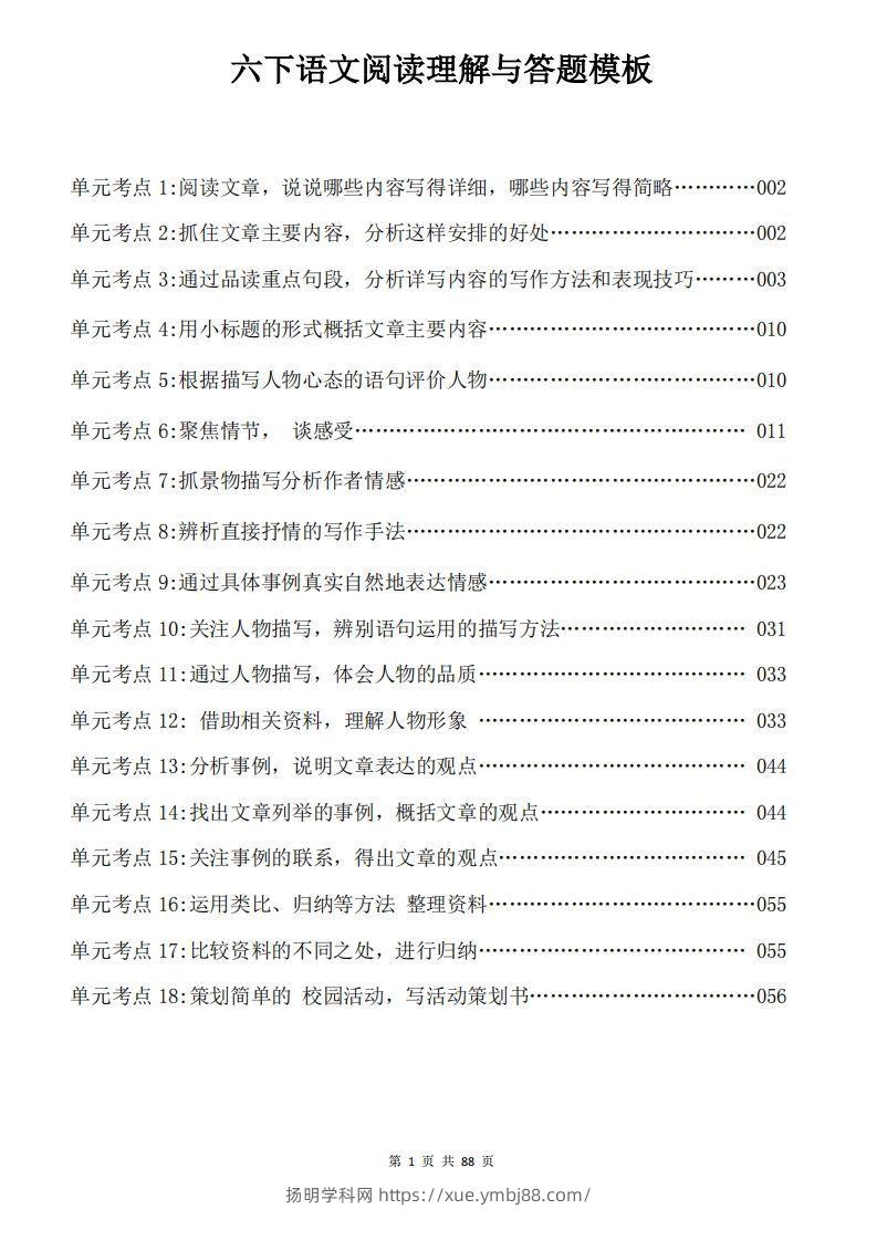 六下语文阅读理解与答题模板88页-扬明学科网