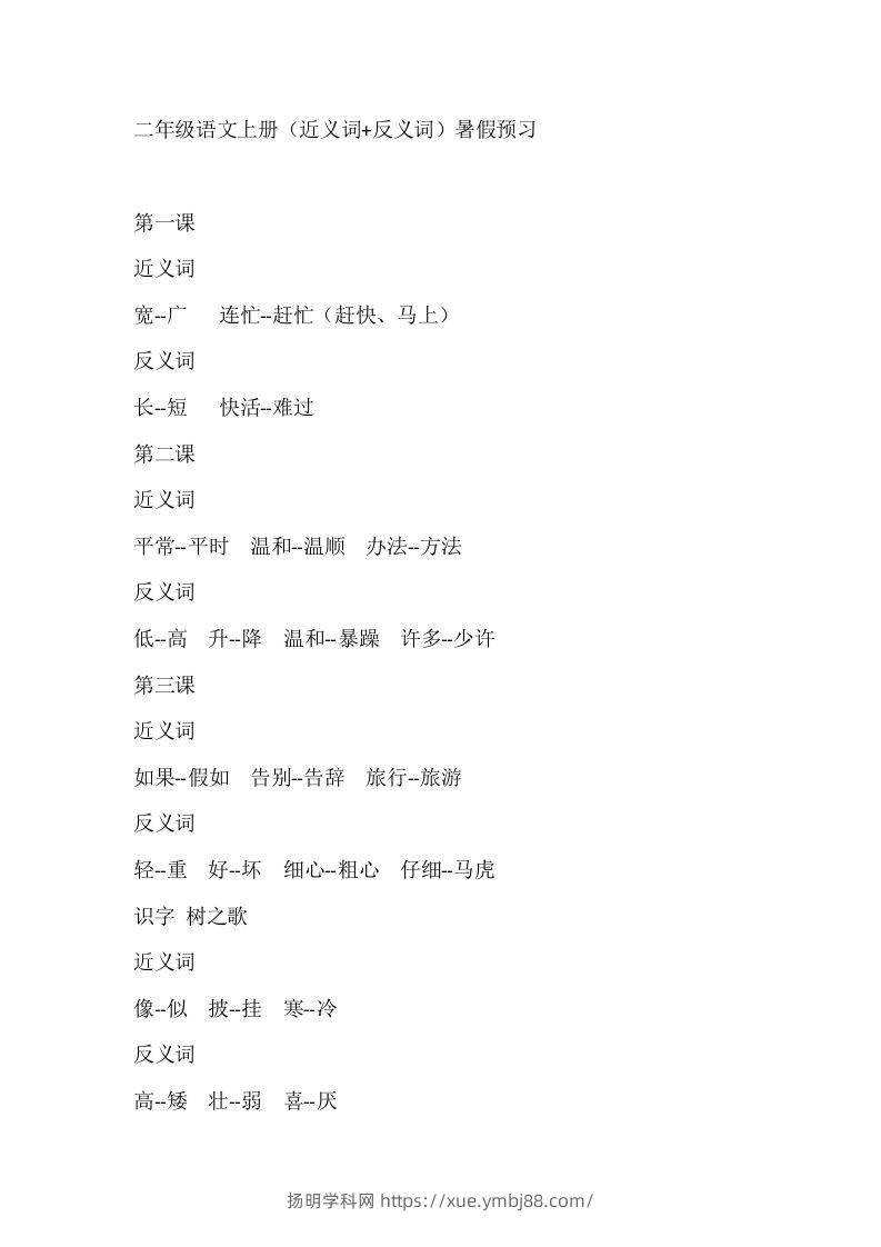 二上语文近反义词汇总-扬明学科网