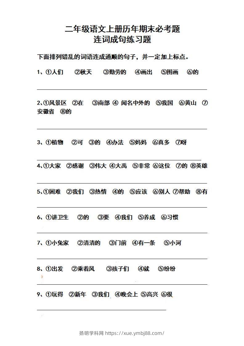 二上语文历年期末必考题连词成句练习题(2)-扬明学科网