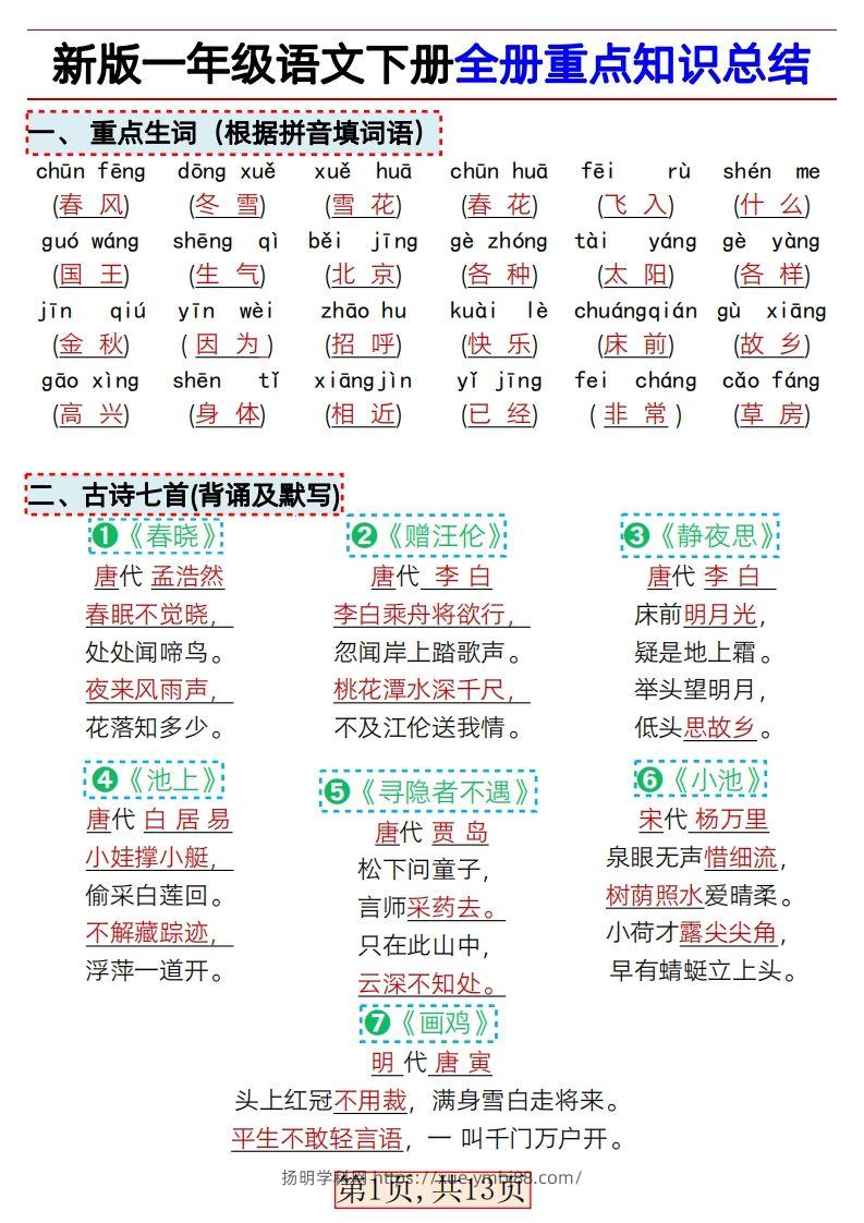 ★3.9新版一年级语文下册全册重点知识总结-扬明学科网