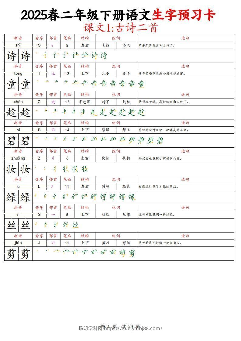 25春二下语文写字表生字预习卡（拼音笔画笔顺组词造句）29页-扬明学科网