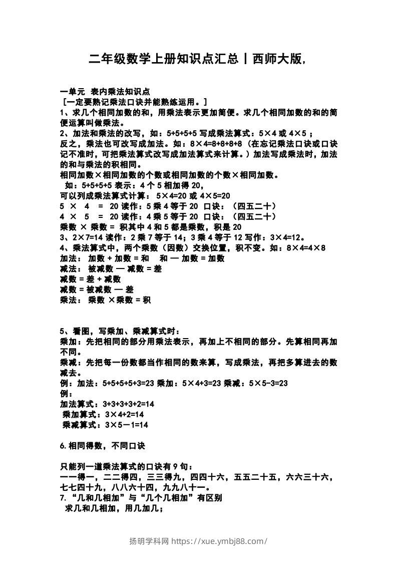 二上西师版数学重点知识点汇总预习-扬明学科网