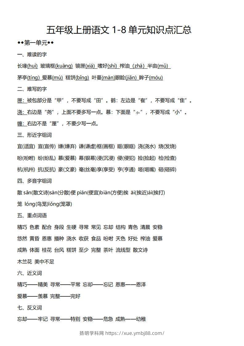 五上语文1-8单元必考知识汇总-扬明学科网