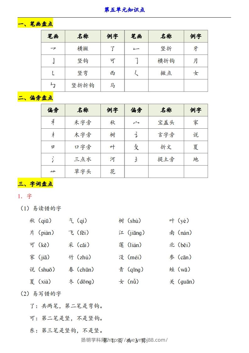 【24新教材】一上语文第5单元知识点梳理-扬明学科网
