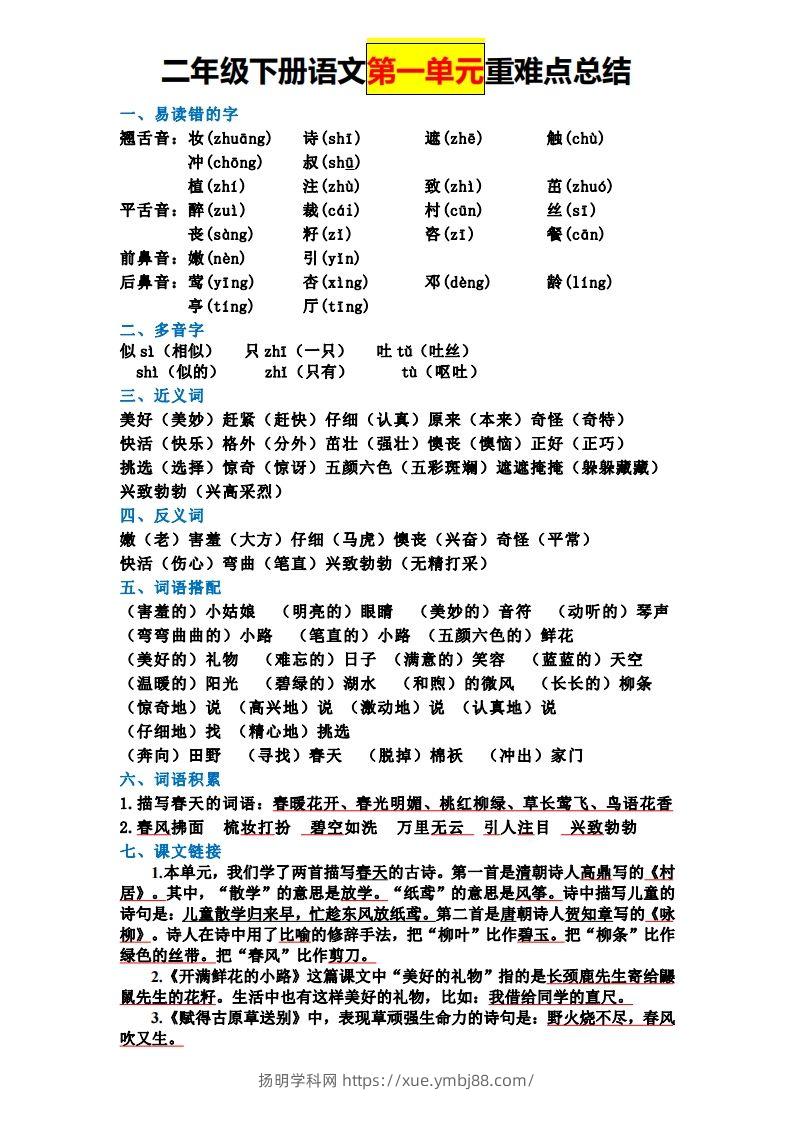 【全册单元重难点总结】二下语文-扬明学科网