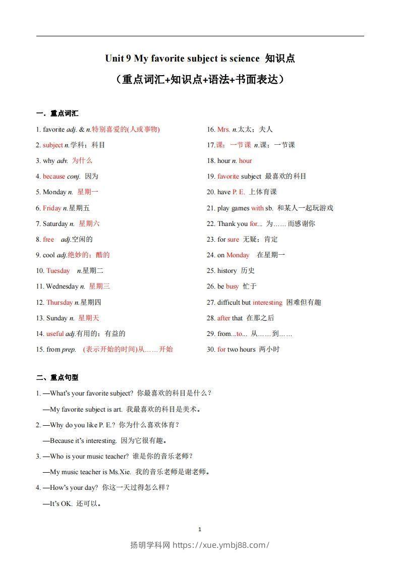 人教版英语七年级上Unit9Myfavoritesubjectisscience_-扬明学科网