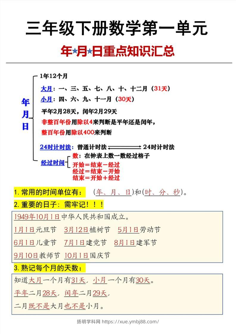 三年级下数学第6单元年月日重点知识汇总-扬明学科网