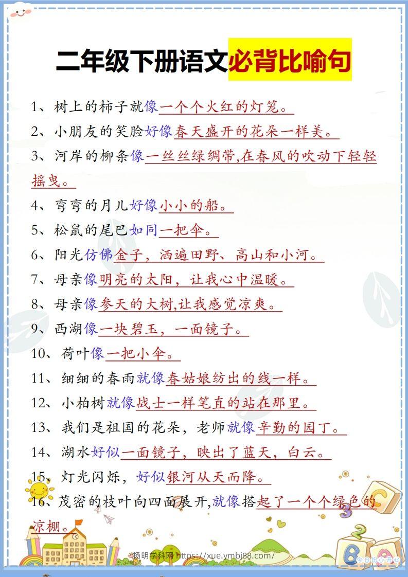 二下语文【必背比喻句汇总】-扬明学科网