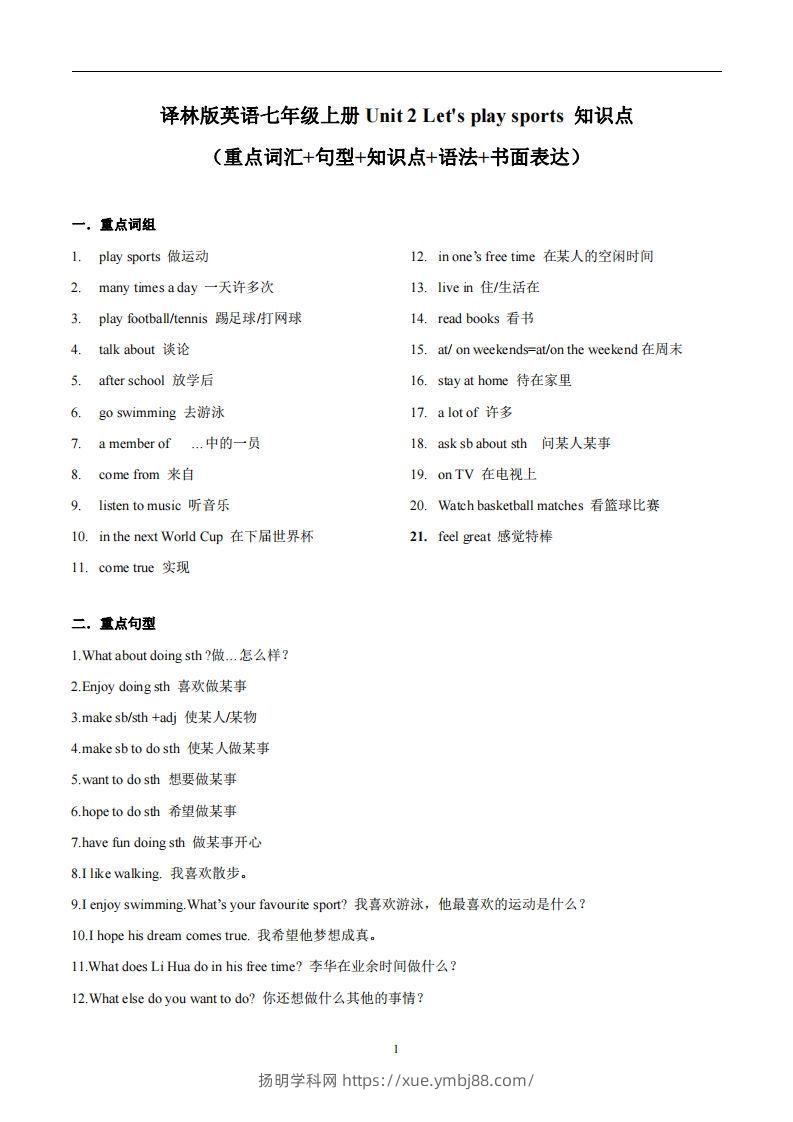 译林版英语七年级上册Unit2Let’splaysports知识点_-扬明学科网