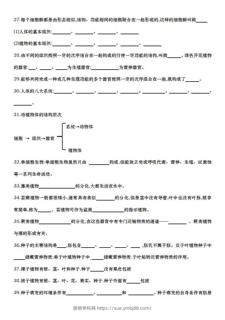 图片[3]-七上生物全册知识点填空72题（空白）-扬明学科网