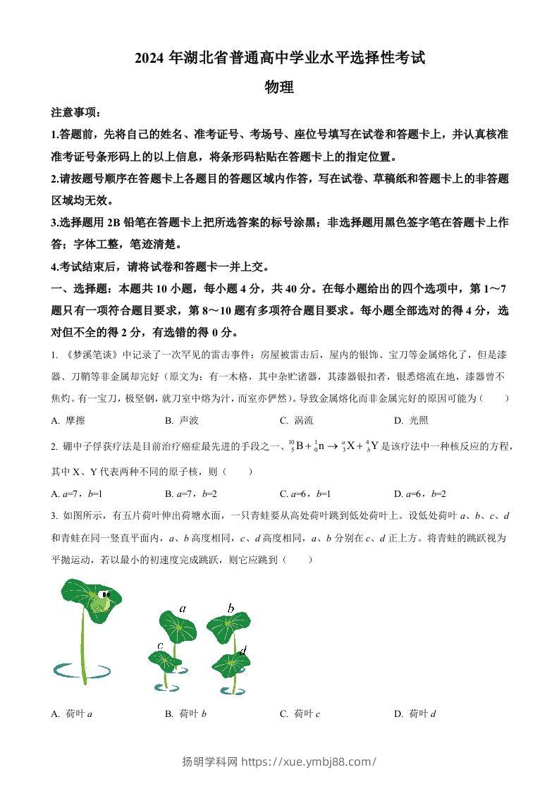 2024年高考物理试卷（湖北）（空白卷）-扬明学科网