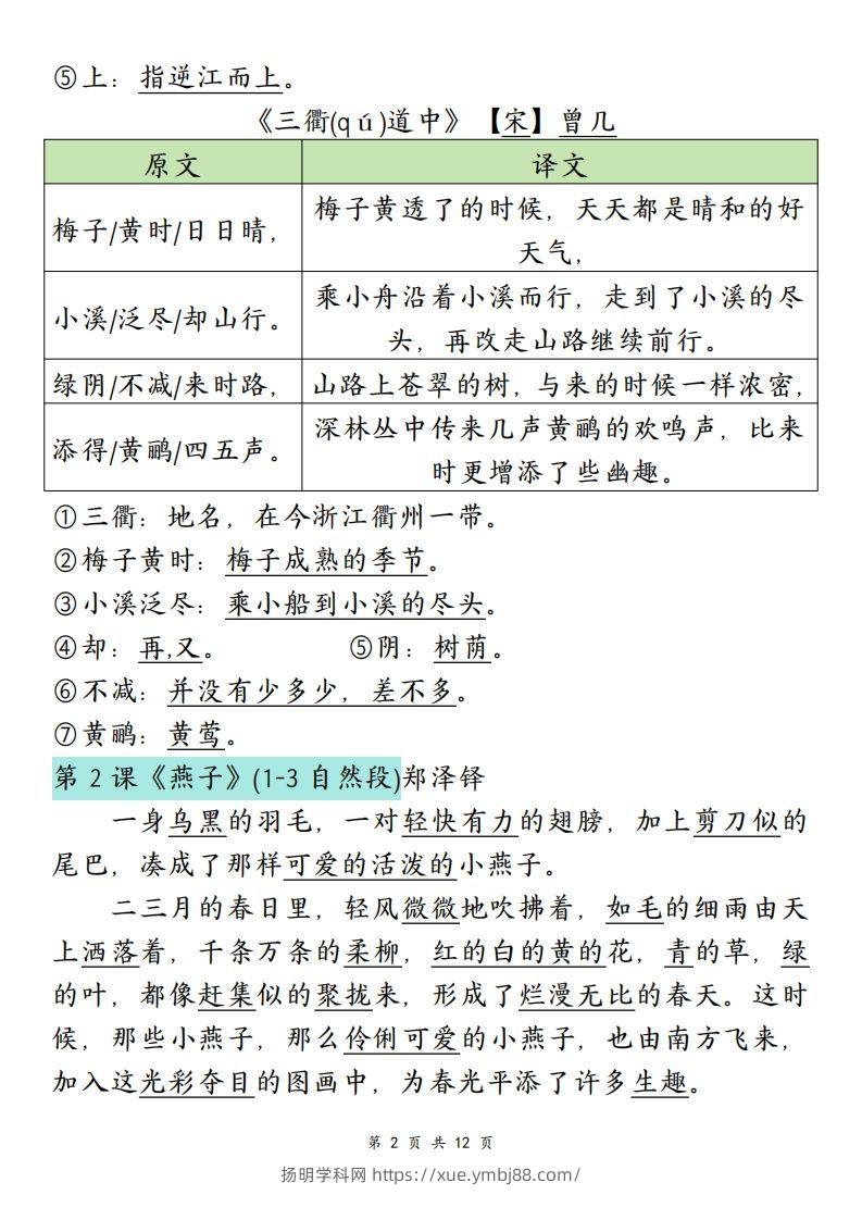 图片[2]-三下语文寒假预习：必背课文内容（原文+译文）-扬明学科网