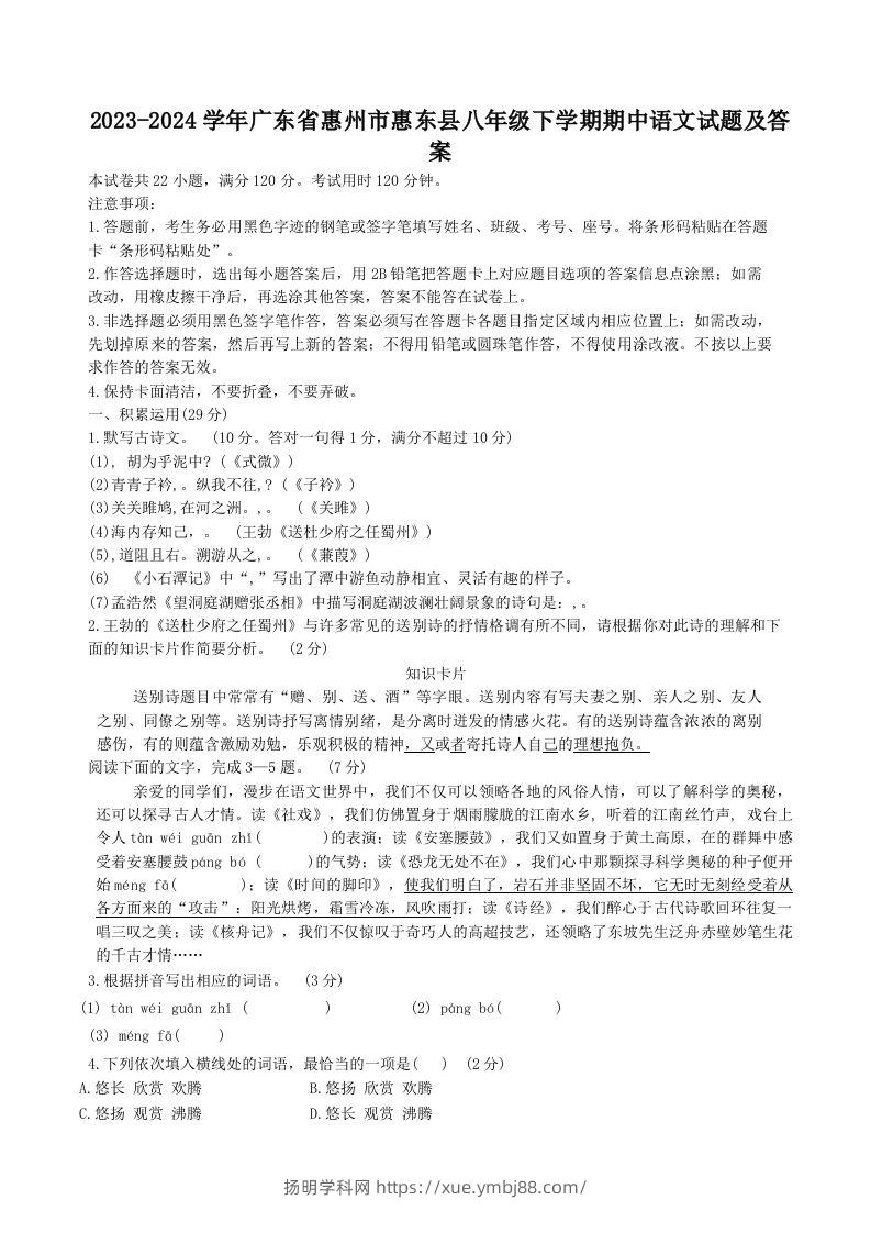 2023-2024学年广东省惠州市惠东县八年级下学期期中语文试题及答案(Word版)-扬明学科网