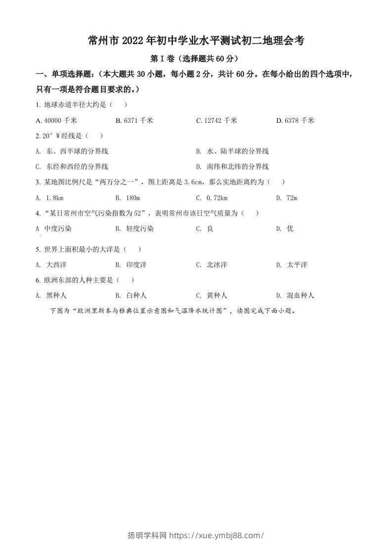 2022年江苏省常州市中考地理真题（空白卷）-扬明学科网