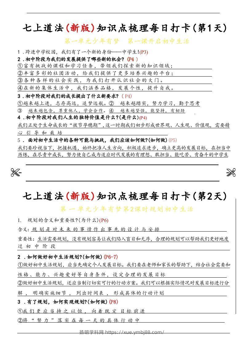 【24新版】七上道法(新版)知识点梳理每日打卡_纯图版-扬明学科网