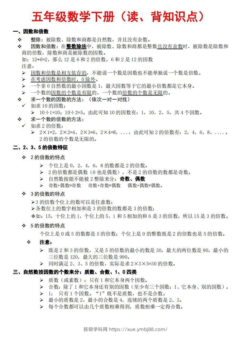 五下数学：知识点读背（通用）-扬明学科网