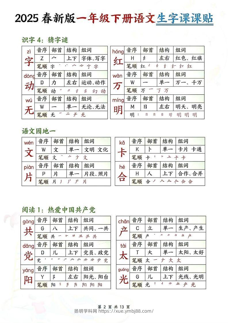 图片[2]-【生字课课贴】【25春新一下语文生字课课贴(13页校对版)-扬明学科网
