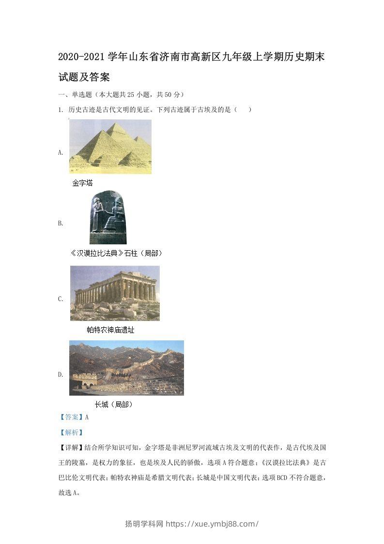 2020-2021学年山东省济南市高新区九年级上学期历史期末试题及答案(Word版)-扬明学科网
