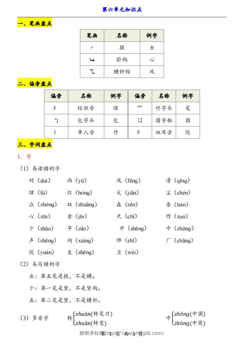 【24新教材】一上语文第6单元知识点梳理-扬明学科网