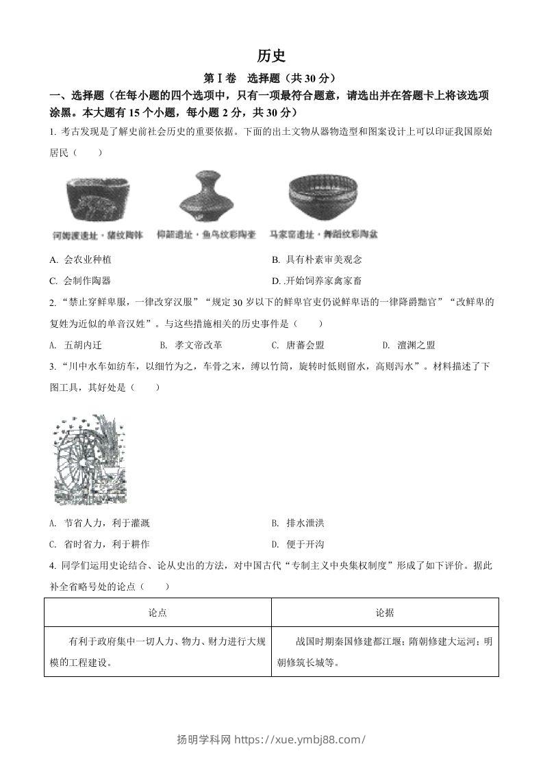 2022年山西省晋中市中考历史真题（空白卷）-扬明学科网