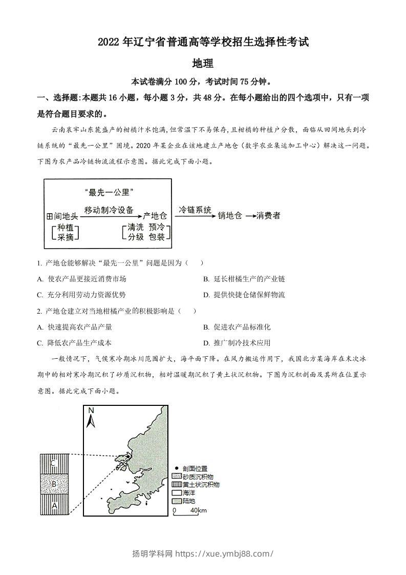 2022年高考地理试卷（辽宁）（空白卷）-扬明学科网