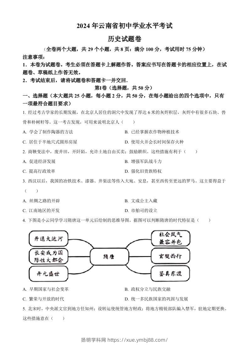 2024年云南省中考历史真题（空白卷）-扬明学科网